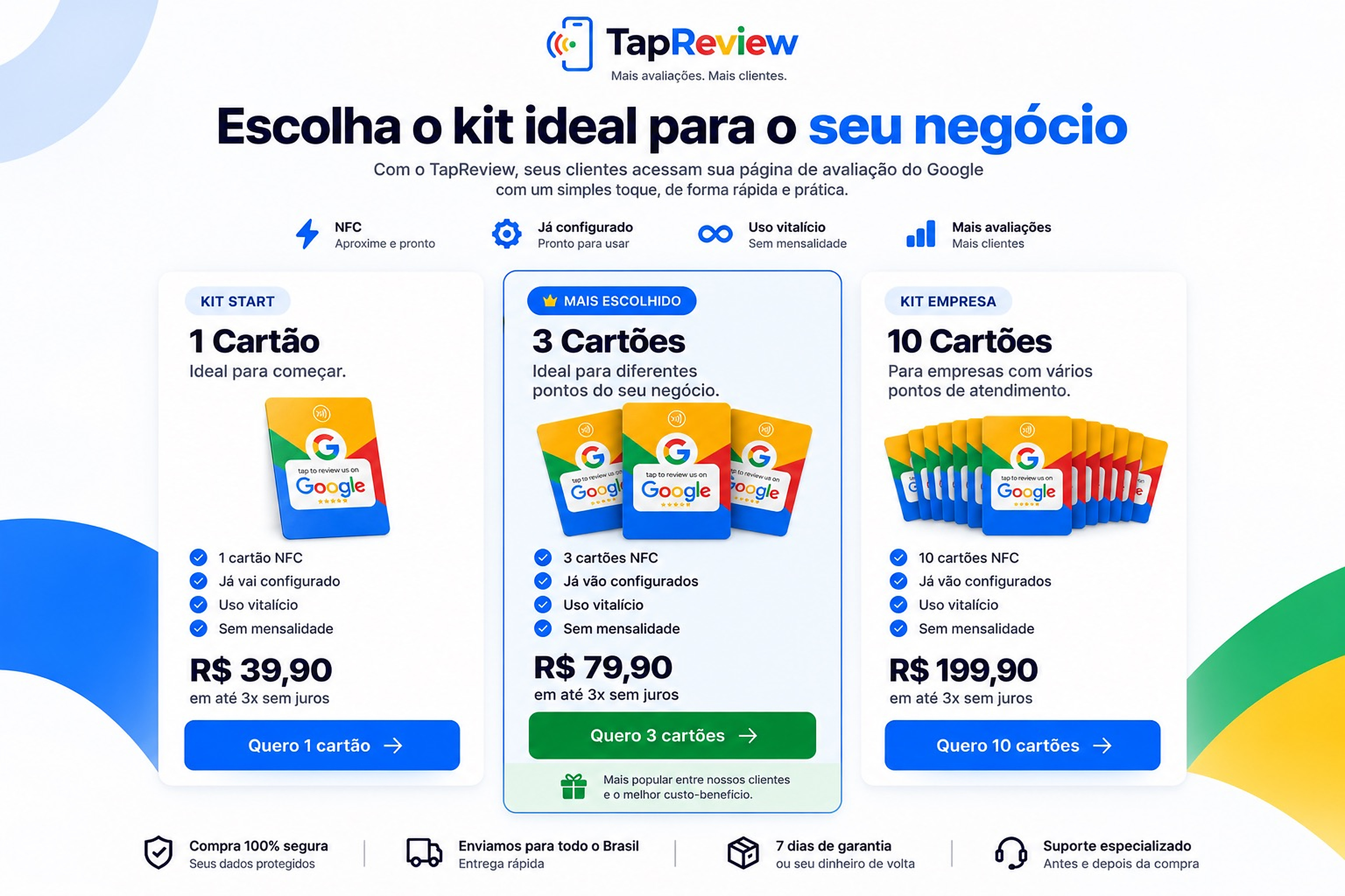 Kits TapReview: 1 cartão por R$ 39,90, 3 cartões por R$ 79,90 e 10 cartões por R$ 199,90