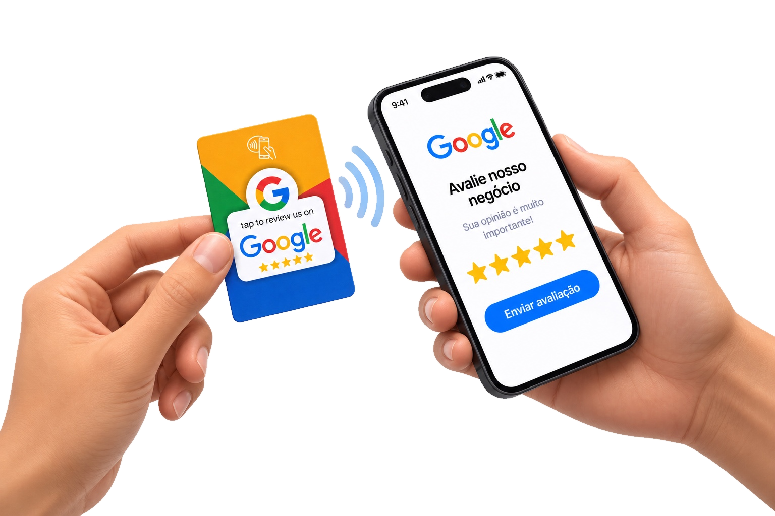 Cartão TapReview aproximado de um celular para avaliação no Google