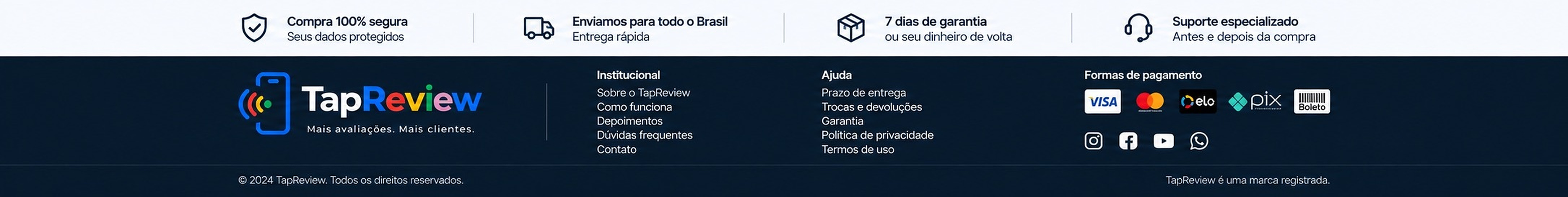 Compra segura, envio, garantia, suporte e informações TapReview